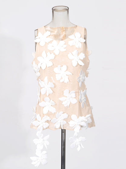 White 3D Floral Appliqué Sleeveless Top