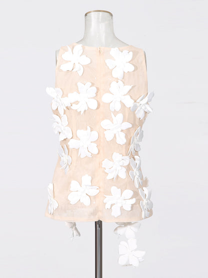White 3D Floral Appliqué Sleeveless Top