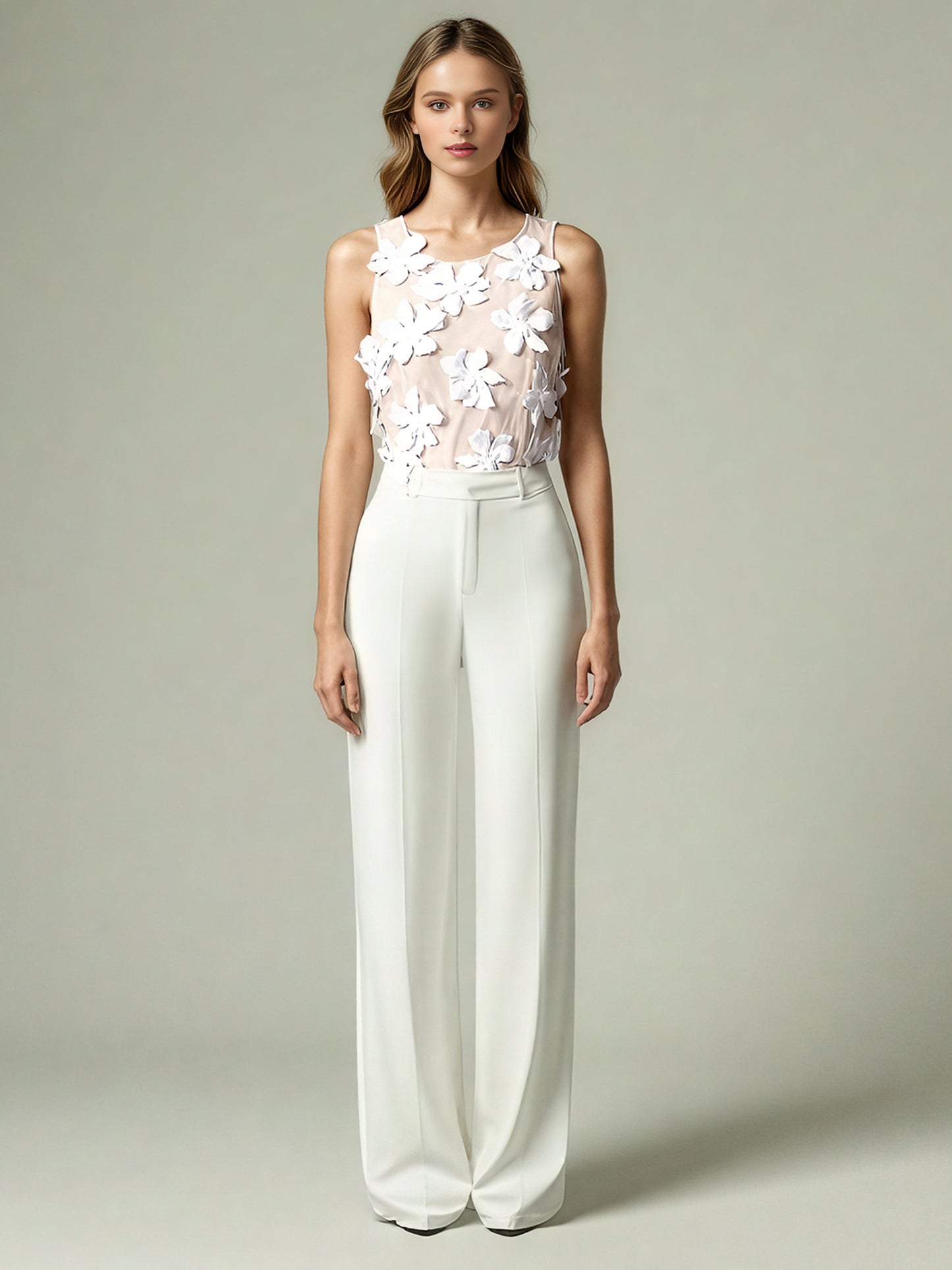 White 3D Floral Appliqué Sleeveless Top
