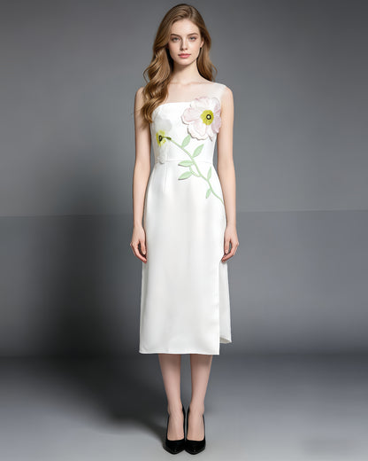 White 3D Floral Applique Strapless Midi Dress