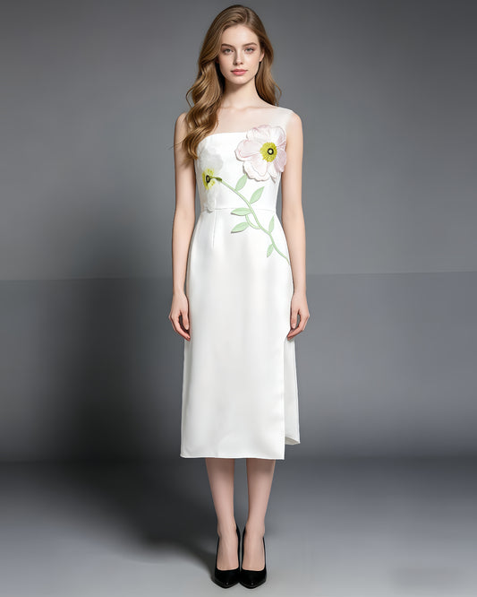 White 3D Floral Applique Strapless Midi Dress