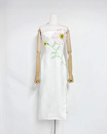 White 3D Floral Applique Strapless Midi Dress