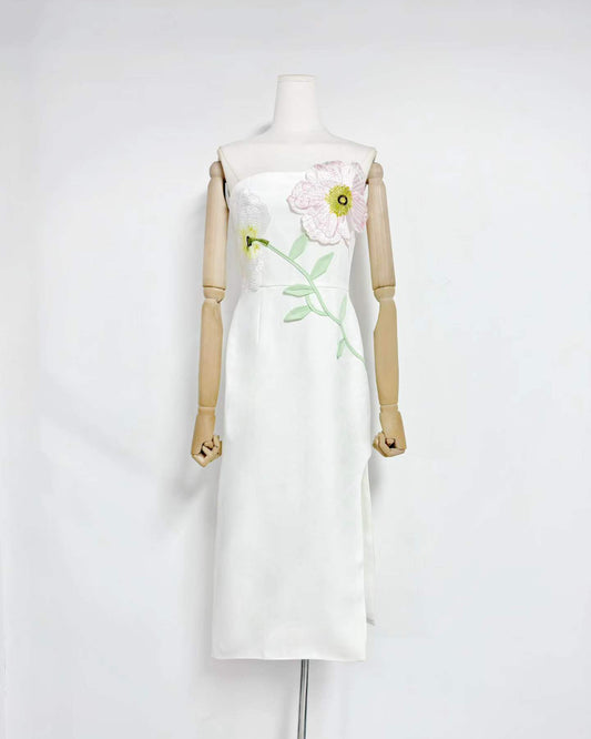 White 3D Floral Applique Strapless Midi Dress