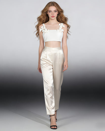 White 3D Floral Asymmetric Vest