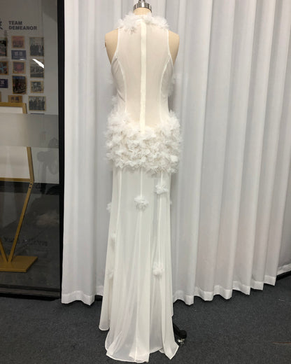 White 3D Floral Cutout Slit Maxi Dress