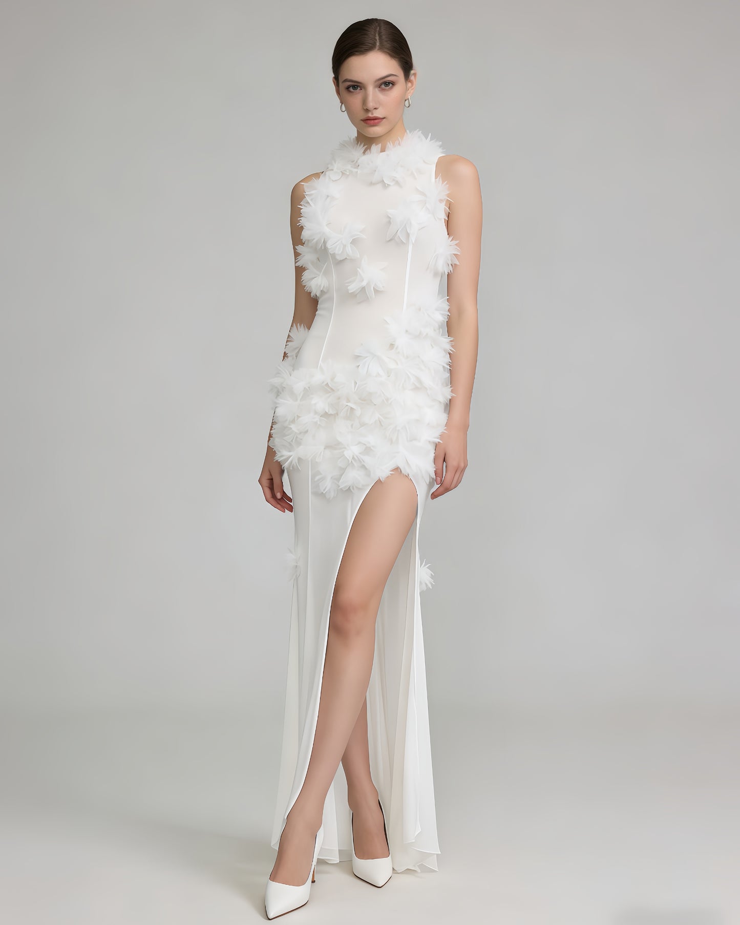 White 3D Floral Cutout Slit Maxi Dress