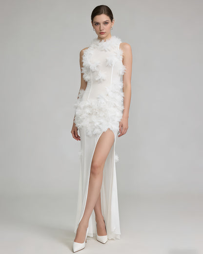 White 3D Floral Cutout Slit Maxi Dress