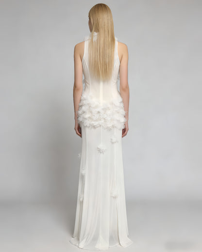 White 3D Floral Cutout Slit Maxi Dress