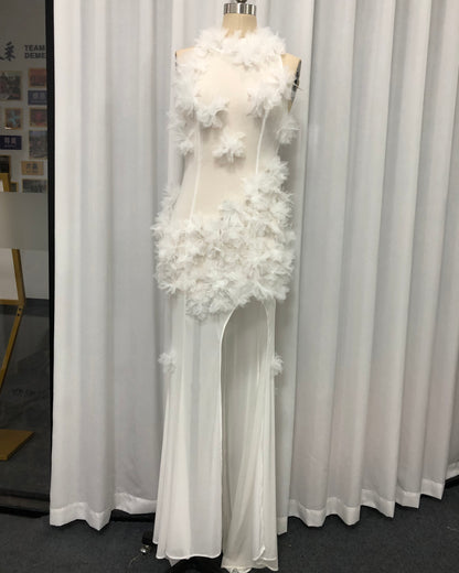 White 3D Floral Cutout Slit Maxi Dress