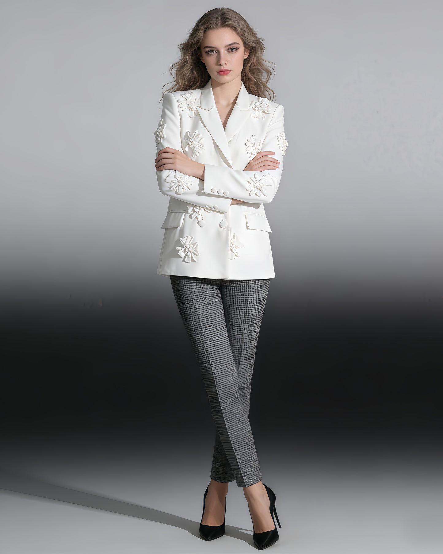 White 3D Floral Double-Breasted Blazer