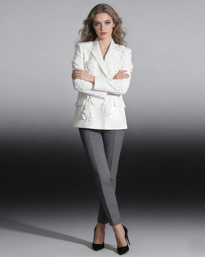 White 3D Floral Double-Breasted Blazer