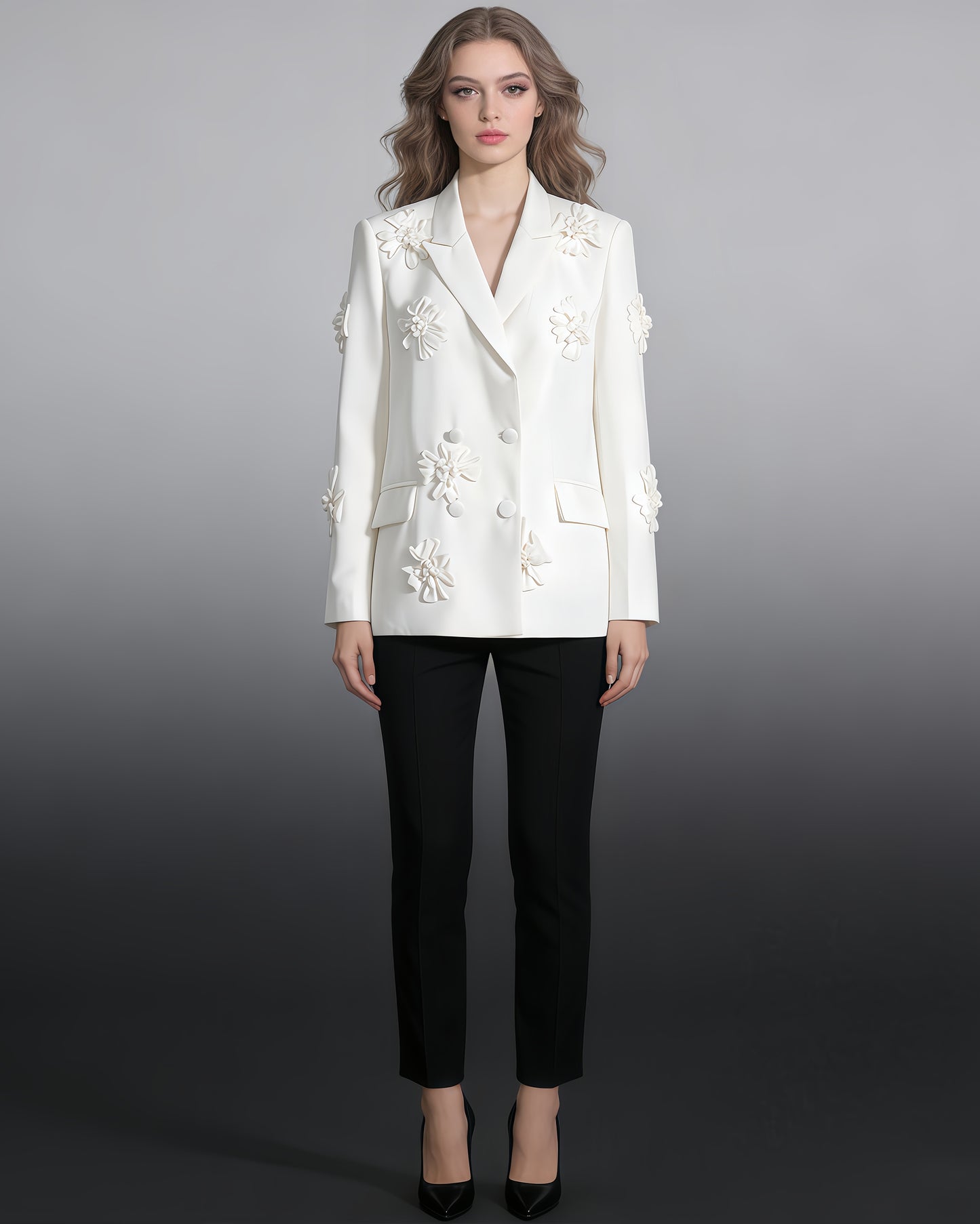 White 3D Floral Double-Breasted Blazer