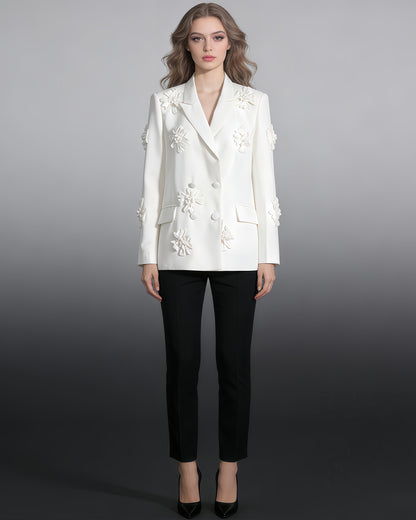White 3D Floral Double-Breasted Blazer