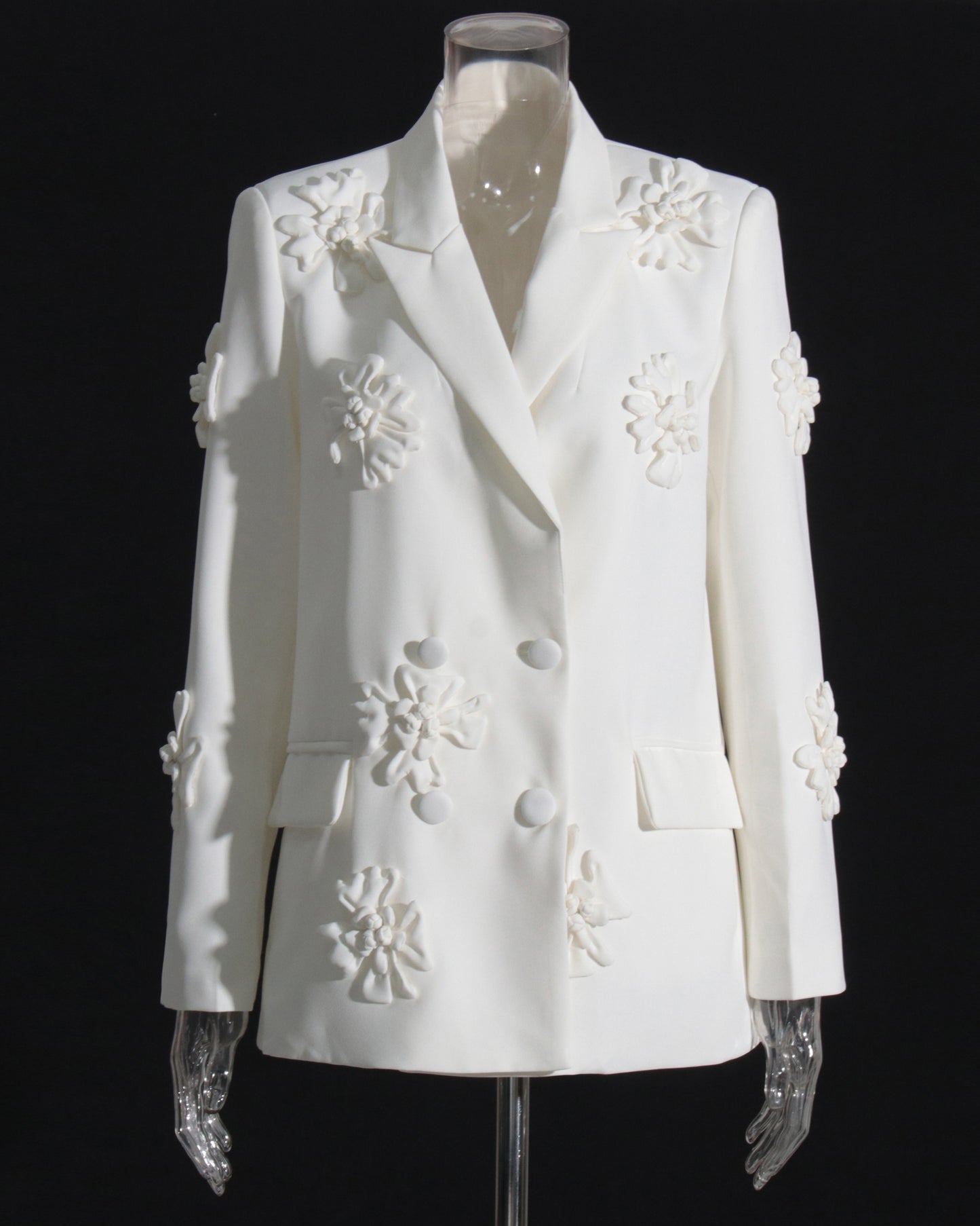 White 3D Floral Double-Breasted Blazer