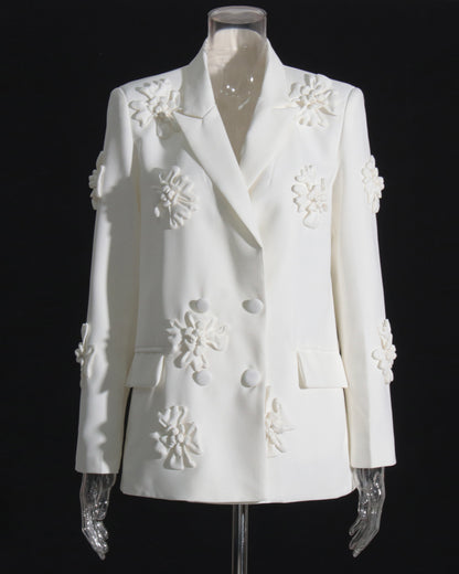 White 3D Floral Double-Breasted Blazer