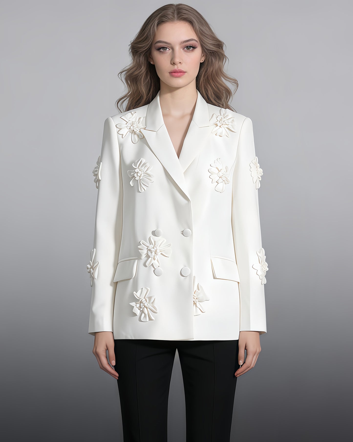 White 3D Floral Double-Breasted Blazer