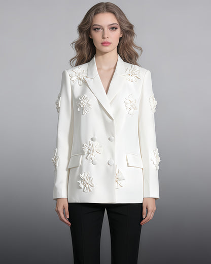 White 3D Floral Double-Breasted Blazer