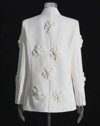 White 3D Floral Double-Breasted Blazer