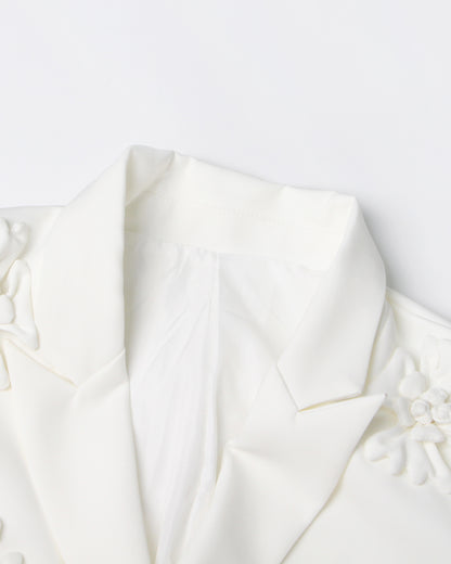 White 3D Floral Double-Breasted Blazer