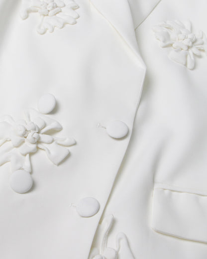 White 3D Floral Double-Breasted Blazer