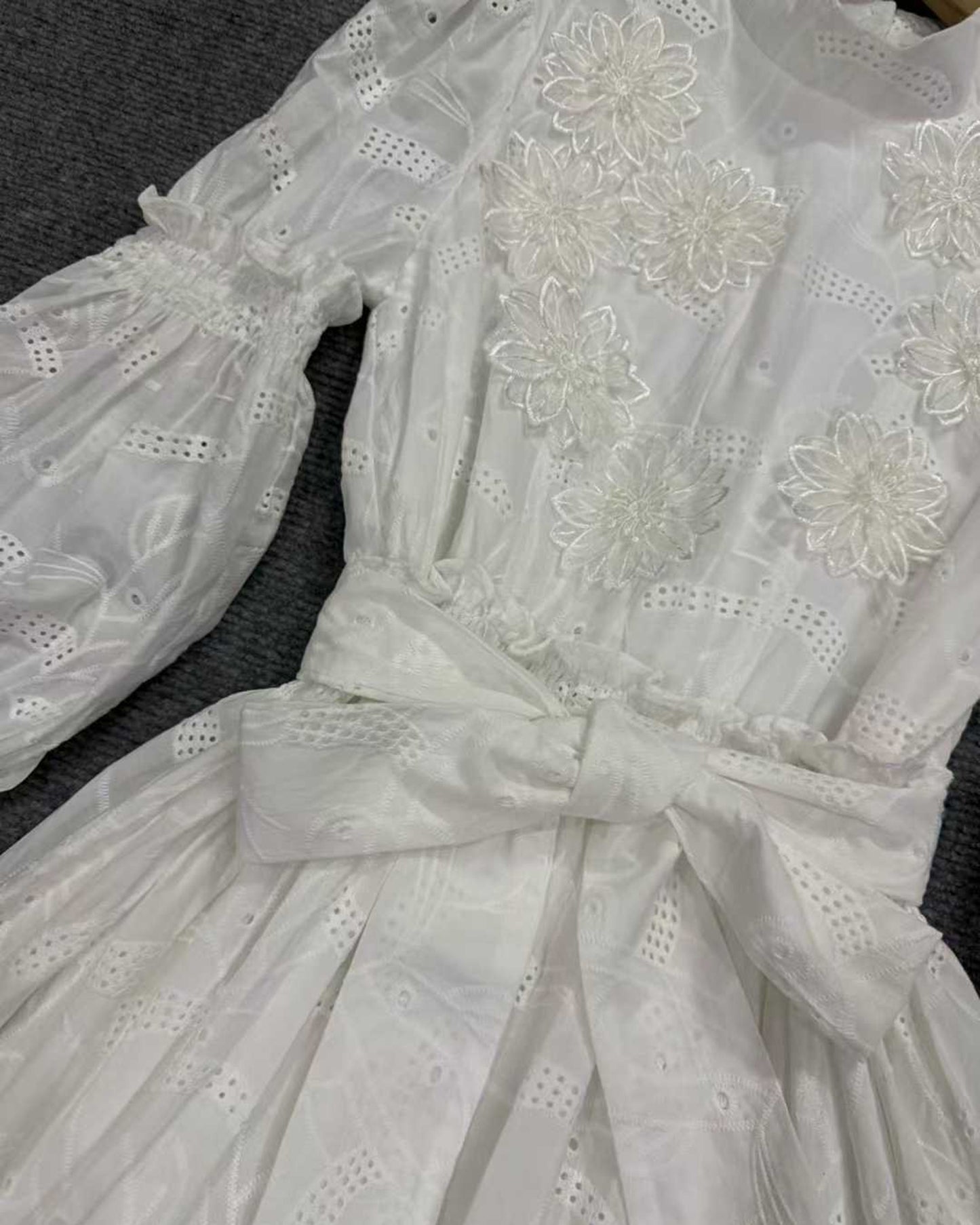 White 3D Floral Eyelet Belted Midi Dress