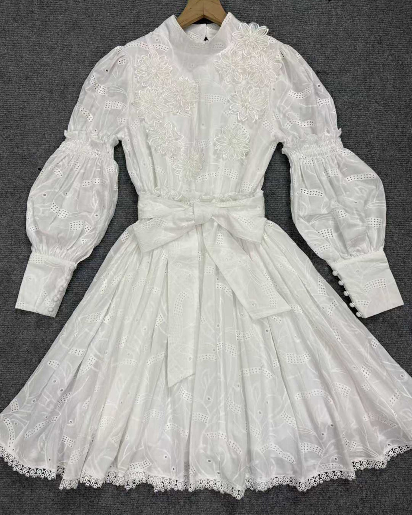 White 3D Floral Eyelet Belted Midi Dress