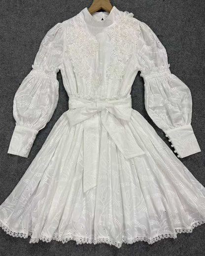 White 3D Floral Eyelet Belted Midi Dress