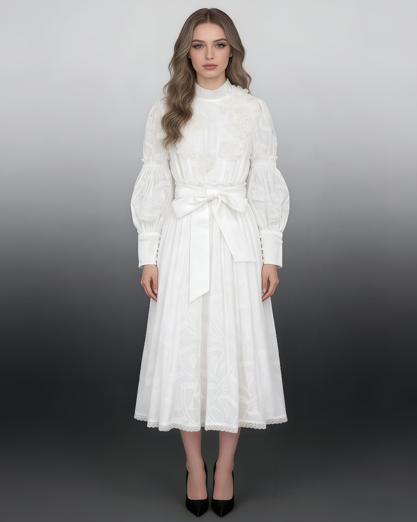 White 3D Floral Eyelet Belted Midi Dress