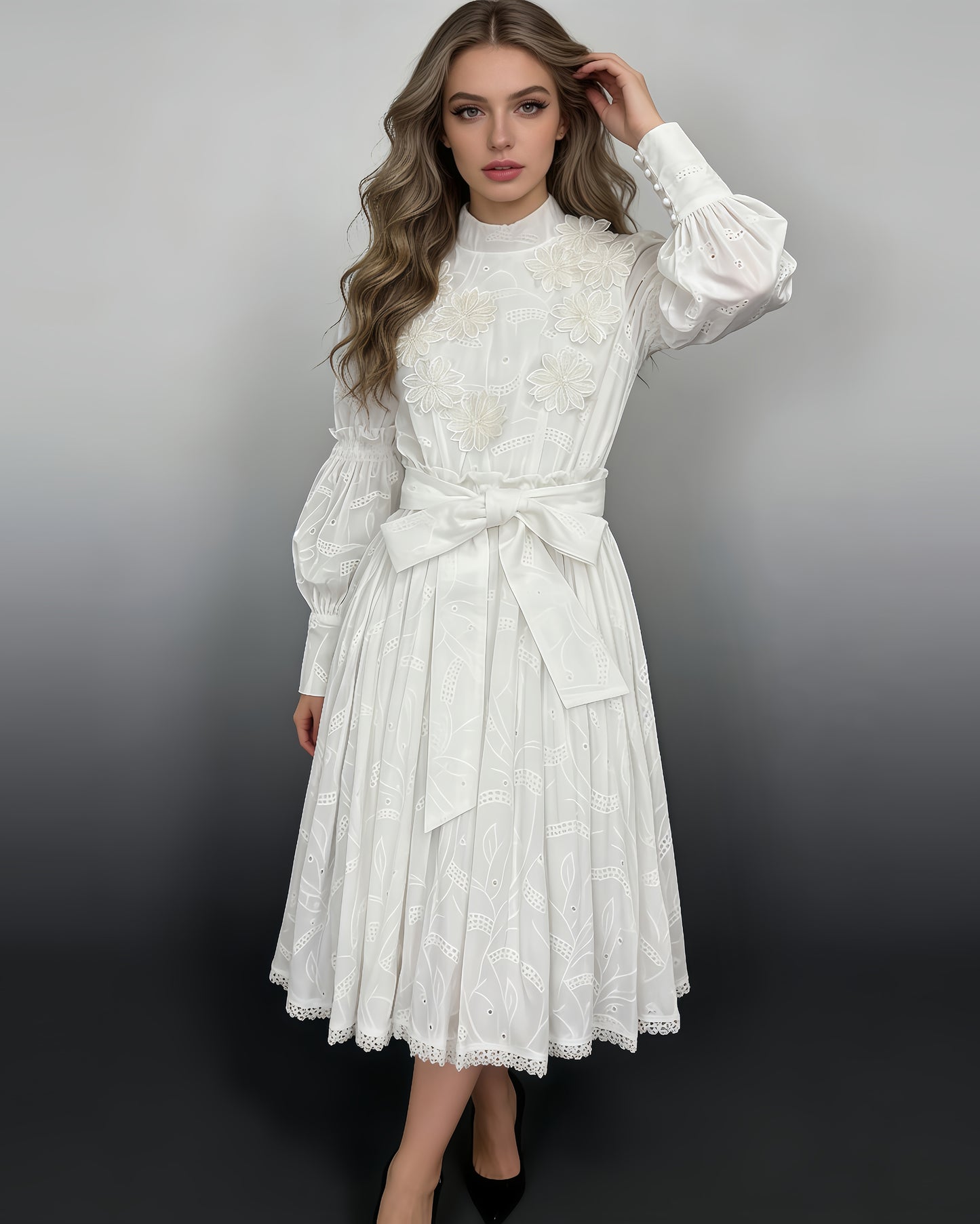 White 3D Floral Eyelet Belted Midi Dress