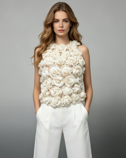 White 3D Floral Halter Neck Top