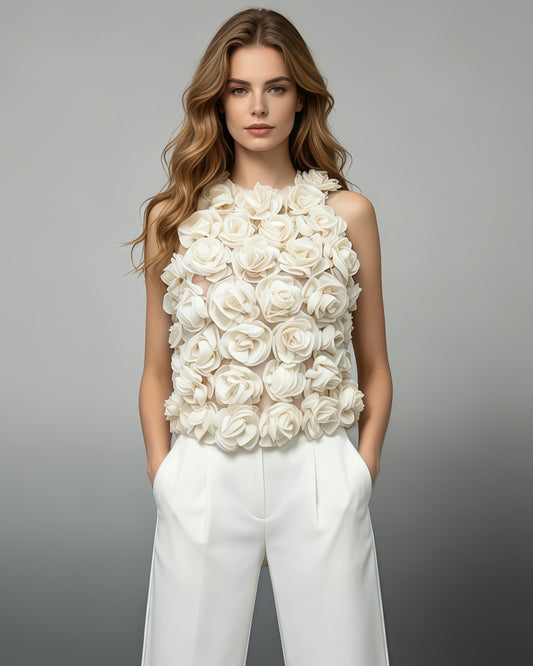 White 3D Floral Halter Neck Top