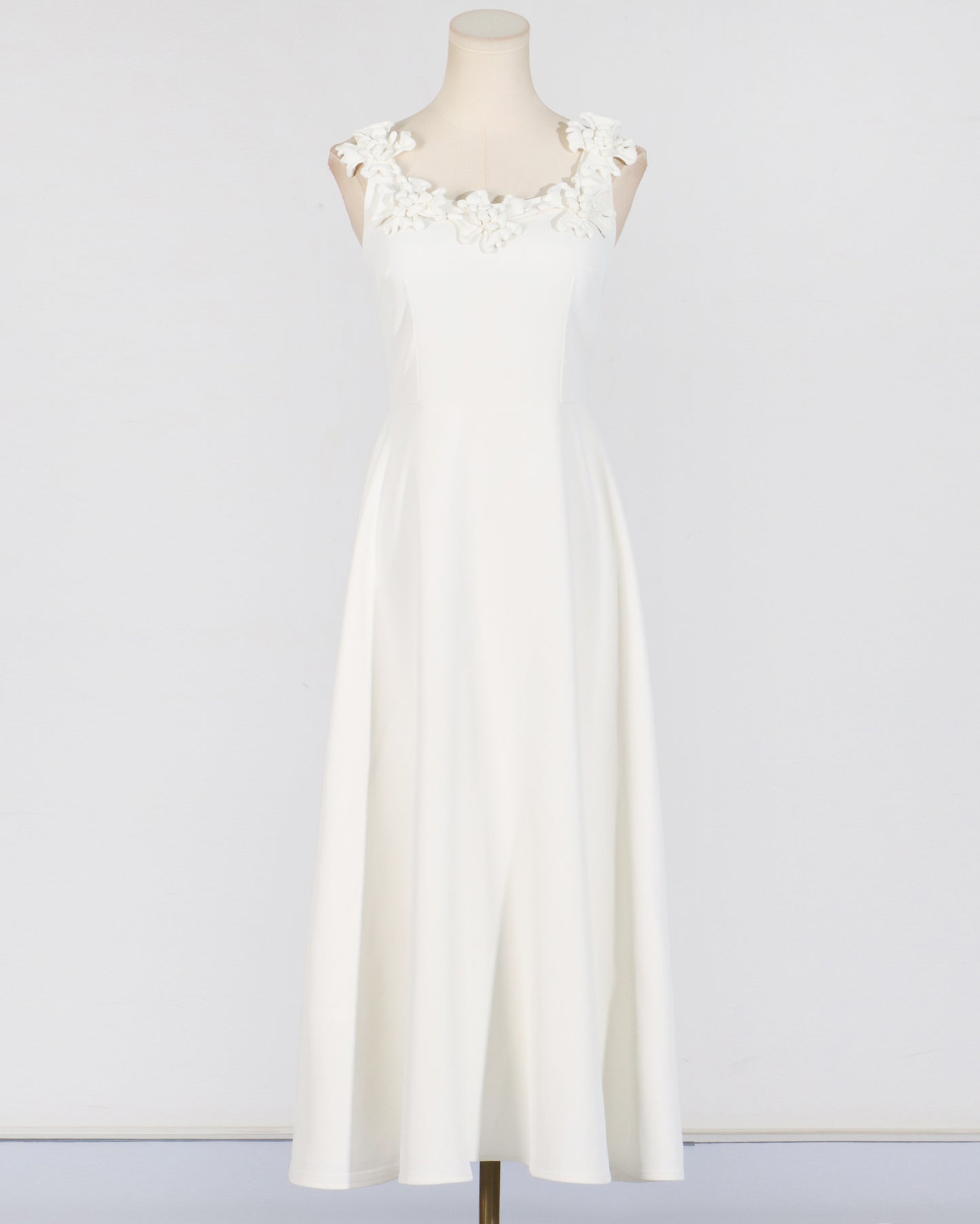 White 3D Floral Neckline Midi Dress