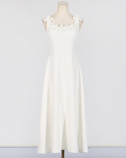 White 3D Floral Neckline Midi Dress