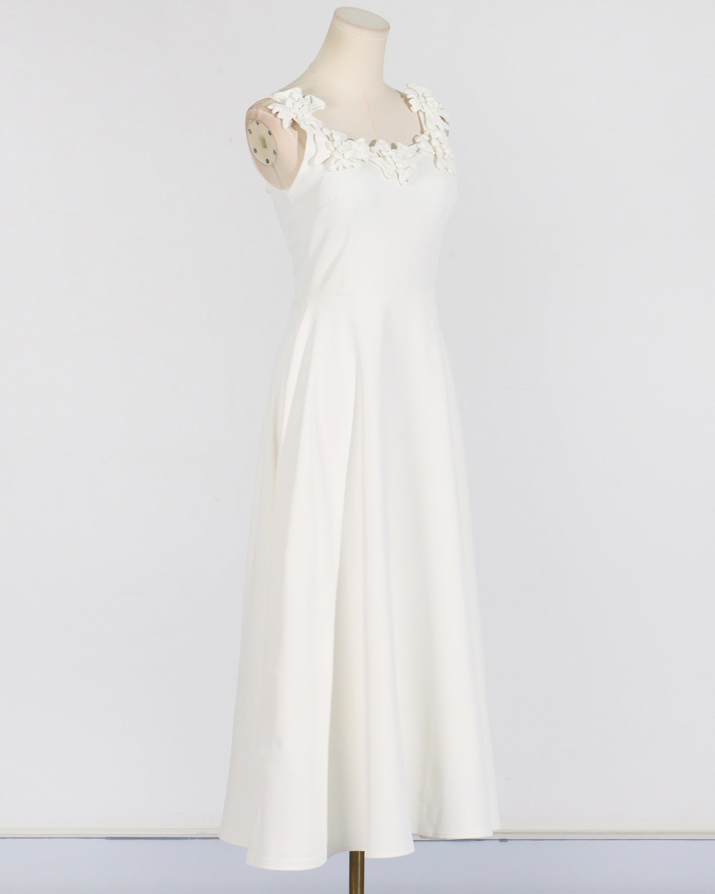 White 3D Floral Neckline Midi Dress