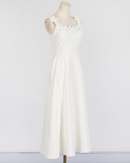 White 3D Floral Neckline Midi Dress