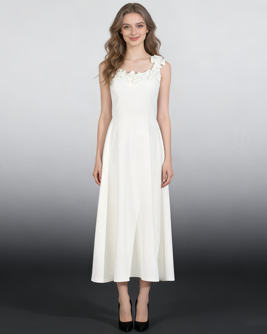 White 3D Floral Neckline Midi Dress