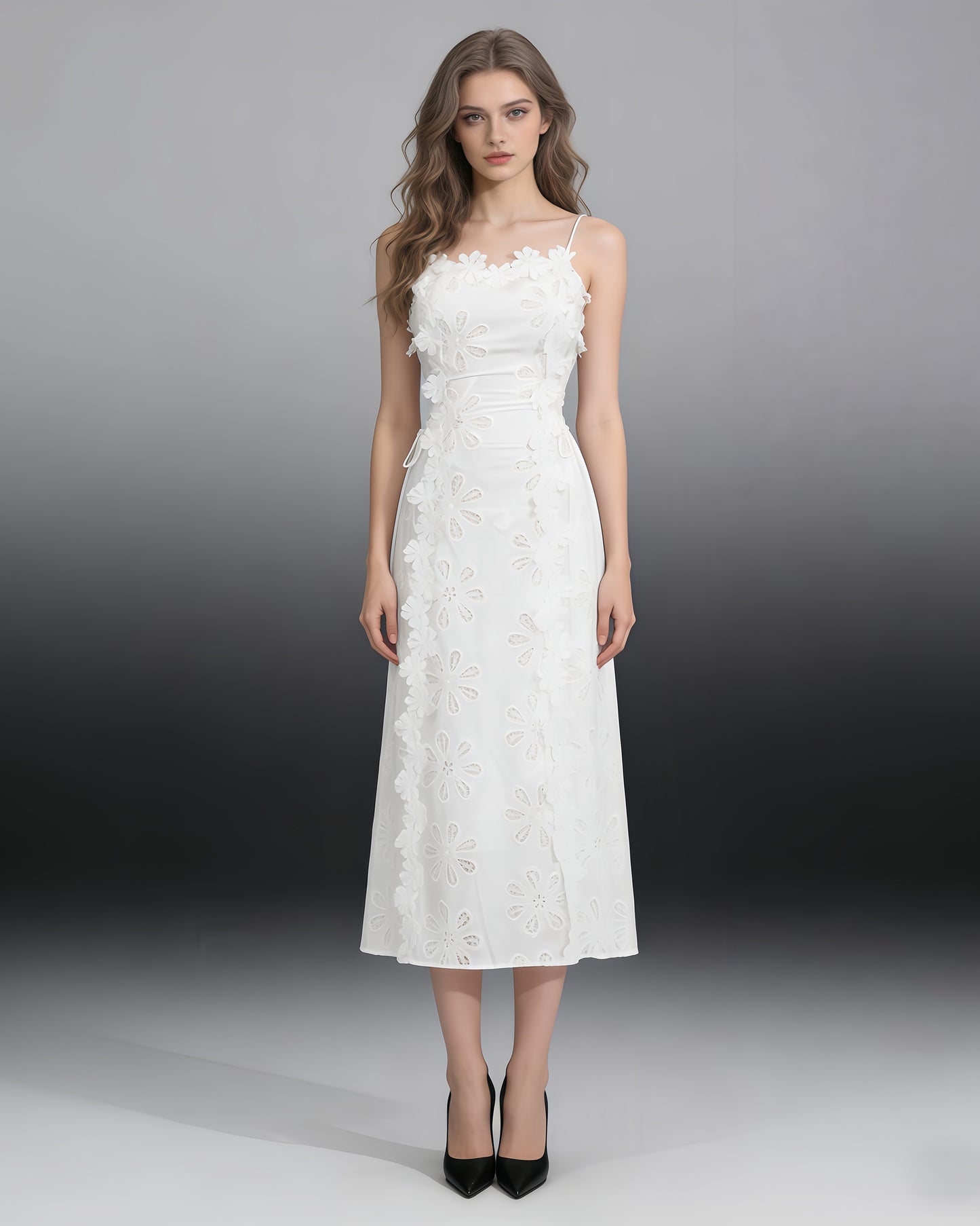 White 3D Floral Spaghetti Strap Midi Dress