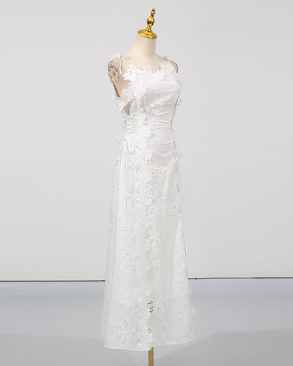 White 3D Floral Spaghetti Strap Midi Dress