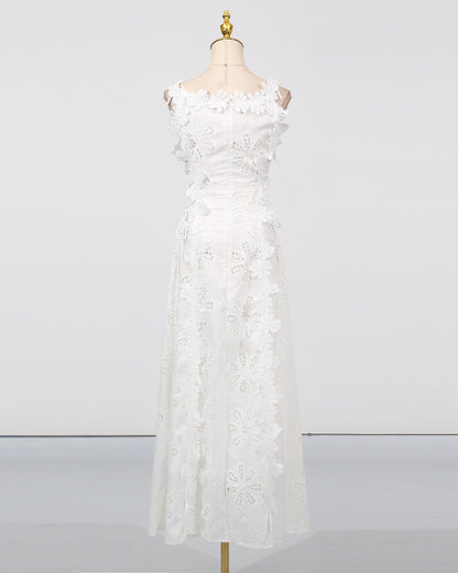 White 3D Floral Spaghetti Strap Midi Dress