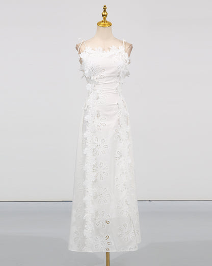 White 3D Floral Spaghetti Strap Midi Dress