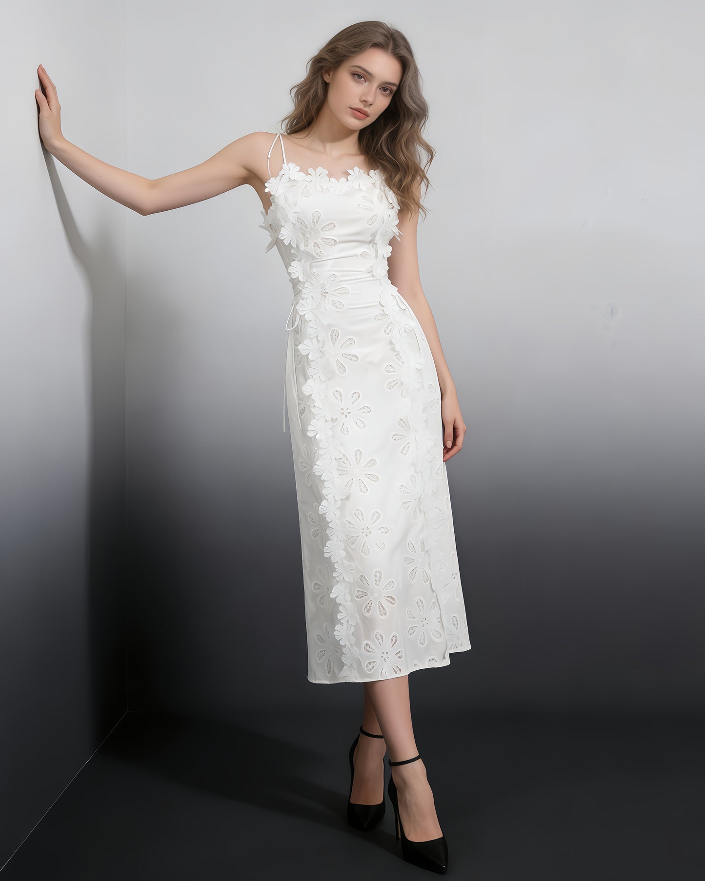 White 3D Floral Spaghetti Strap Midi Dress