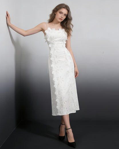 White 3D Floral Spaghetti Strap Midi Dress