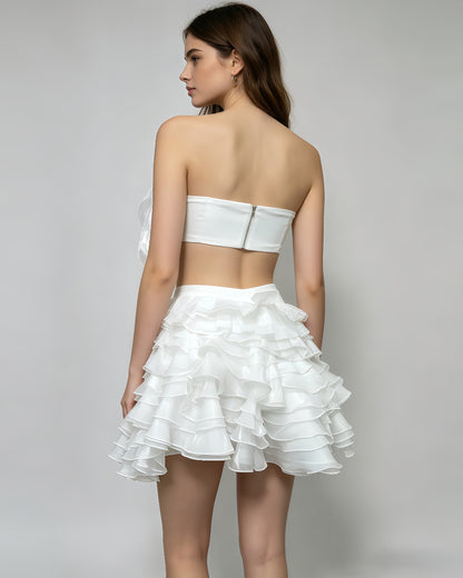 White 3D Flower Ruffle Two-Piece Set