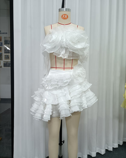 White 3D Flower Ruffle Two-Piece Set