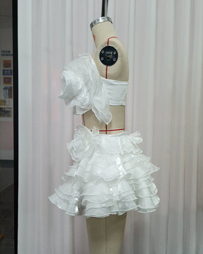 White 3D Flower Ruffle Two-Piece Set