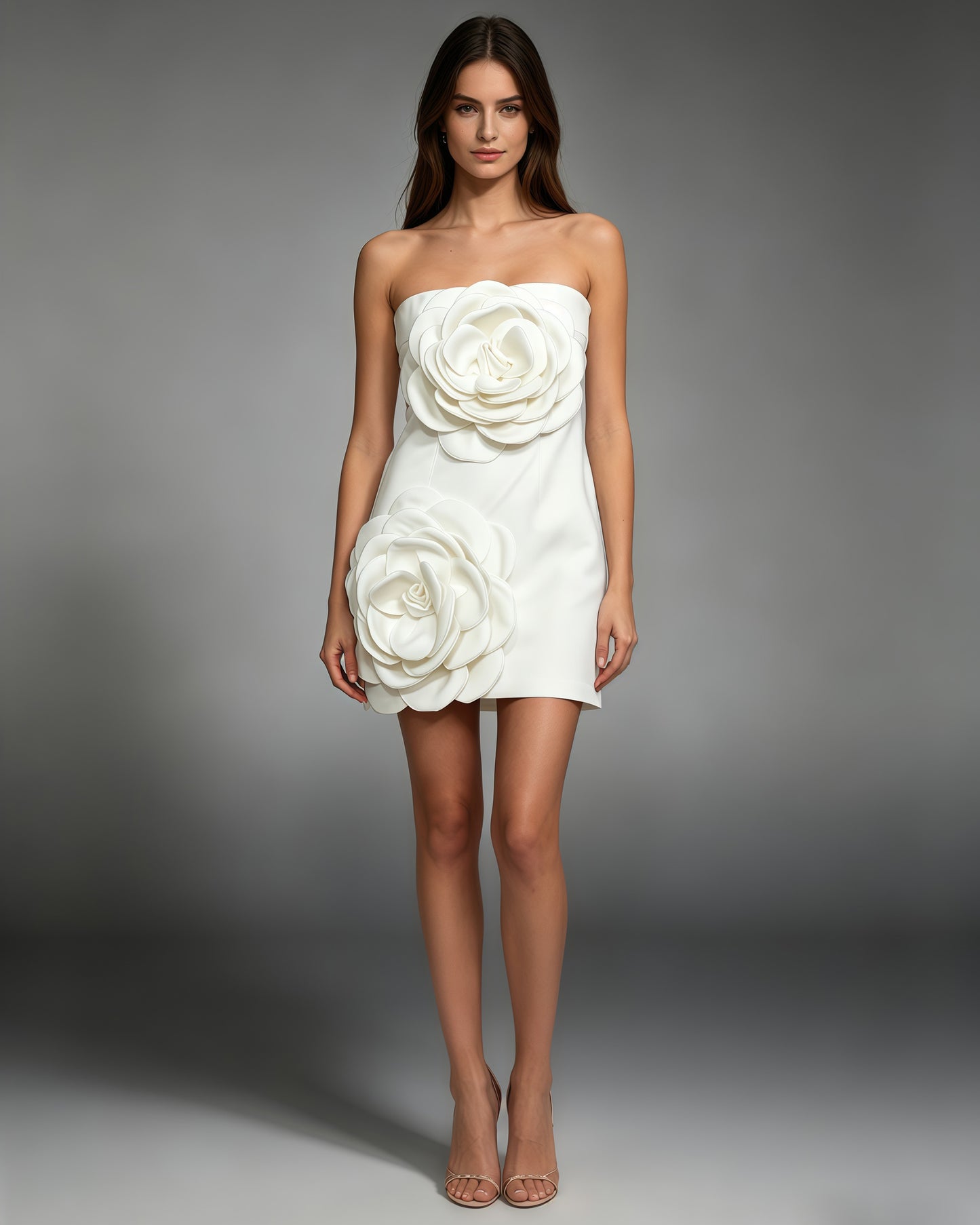 White 3D Flower Strapless Mini Dress