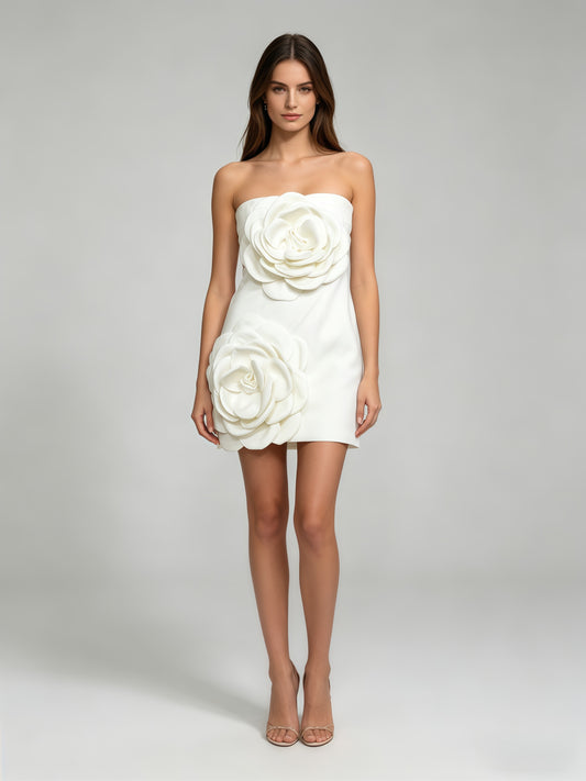 White 3D Flower Strapless Mini Dress