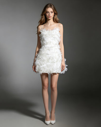 White 3D Petal Spaghetti Strap Mini Dress