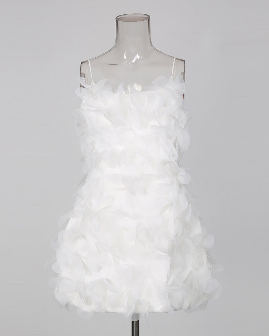 White 3D Petal Spaghetti Strap Mini Dress
