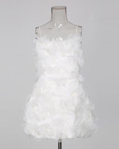 White 3D Petal Spaghetti Strap Mini Dress